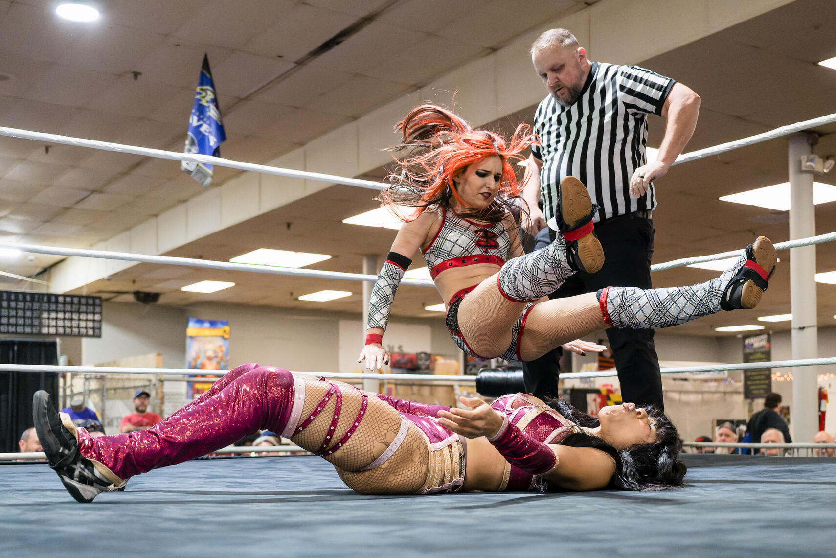 Dundalk, Maryland – Brittany Blake delivers a leg drop to Symone Valentina during an MCW Pro Wrestling Autumn Armageddon tour event at North Point Plaza Flea Market on November 2, 2025.